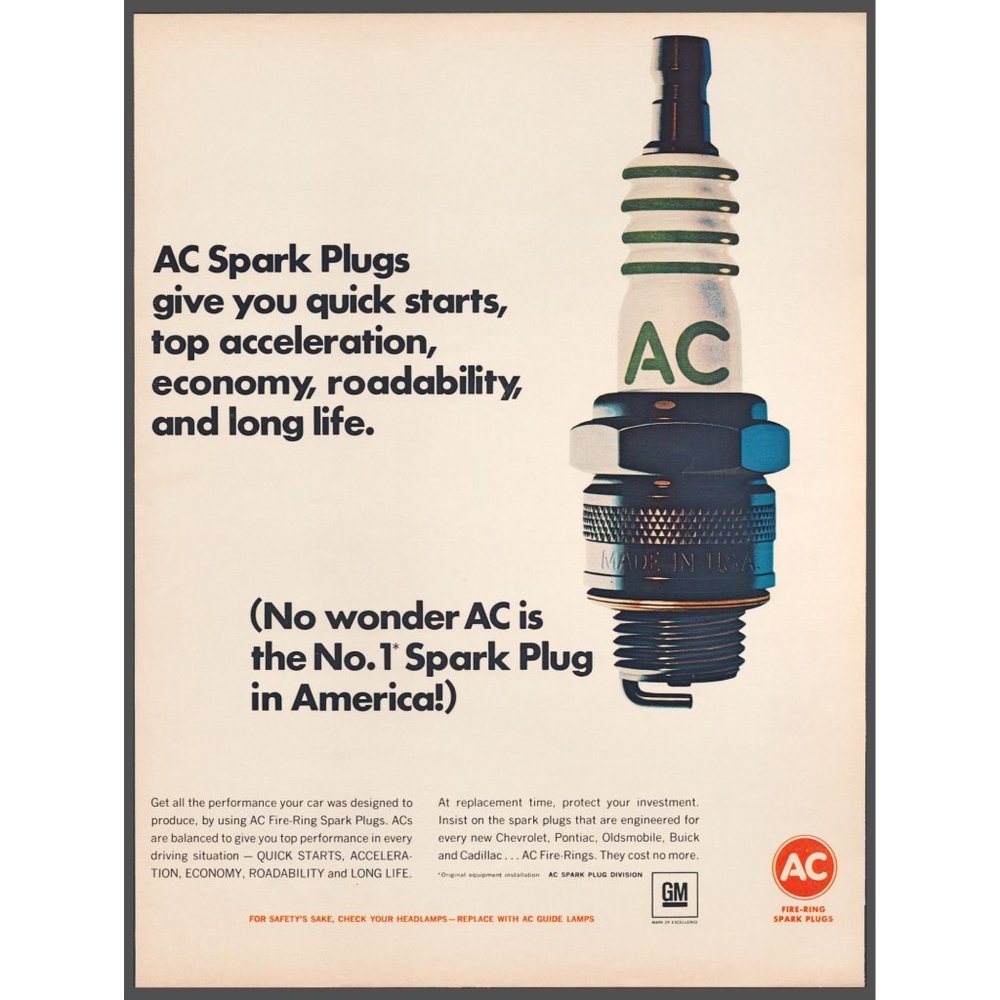 1967 AC Fire Ring Spark Plugs Vintage Print Ad Automotive Wall Art Decor 10x13